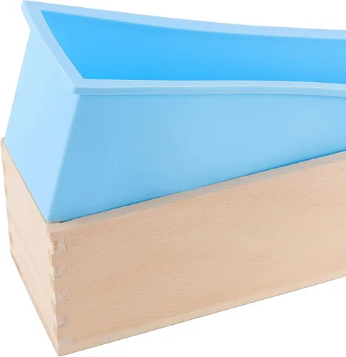 Vista 4 de Juego de 3 moldes de jabón de silicona azul de 45 onzas, moldes rectangulares flexibles para hacer jabón con caja de madera, cubiertas de madera
