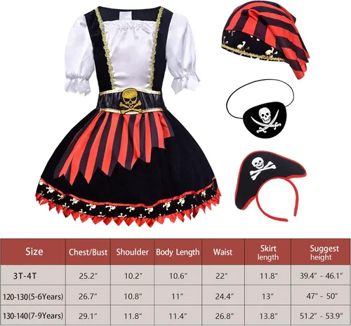 Vista 2 de ZZIHA Disfraz de pirata para niñas vestido de princesa pirata disfraz de bucanero de mar de 3 a 9 años