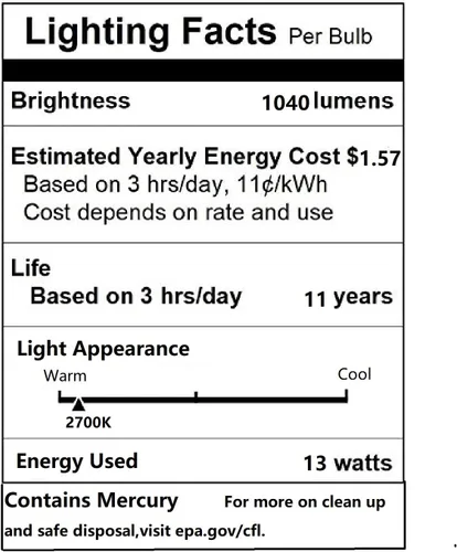 Vista 4 de Bombilla CFL de 13 vatios (60 vatios), color blanco suave, 2700 K, 1040 lm, bombilla en espiral de base media, bombilla fluorescente compacta