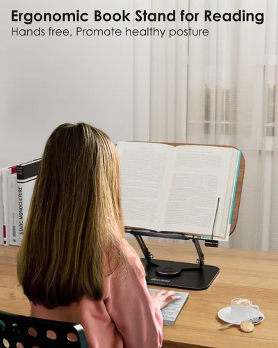 Vista 3 de aboutool - Soporte ajustable para libros con base giratoria de 360° y clips de página, soporte plegable para libros de cocina, soporte para libros