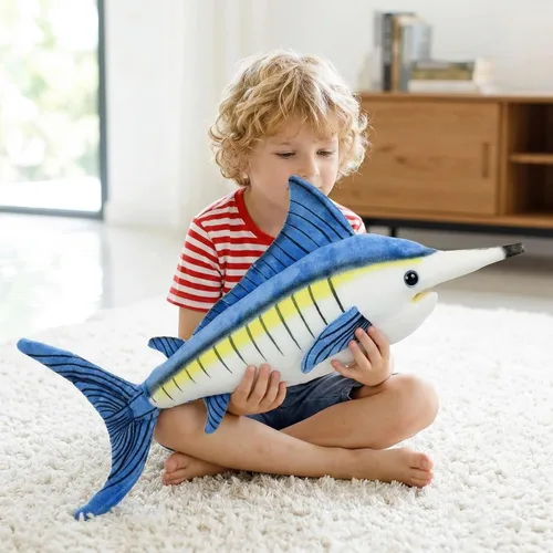 Vista 7 de Juguete de peluche de pez Marlin de simulación, animales realistas de 18.5 pulgadas, animales de peluche azul Marlin, muñecas de felpa súper suaves