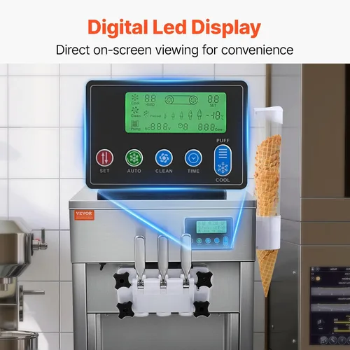 Vista 5 de VEVOR Máquina de helado comercial, 21 QT/H Máquina de helado suave con panel LCD de limpieza automática de 3 sabores preenfriamiento