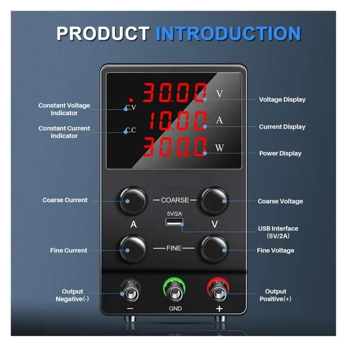 Vista 2 de Fuente de alimentación de CC variable, 30 V, 10 A, 5 A, fuente de alimentación de banco regulada de CC con pantalla LED de 4 dígitos, 15 V, 60 V