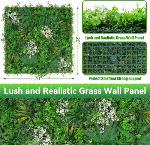 Vista 2 de Paneles de pared de césped de 20 x 20 pulgadas, 16 piezas de fondo de vegetación artificial con hojas resistentes a los rayos UV, decoración