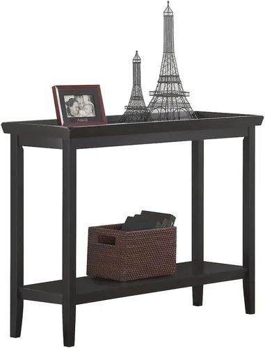 Vista 5 de Furnifact Mesa consola de pasillo con repisa elevada, patas de madera maciza cónicas, mesa de acento de entrada, acabado negro duradero