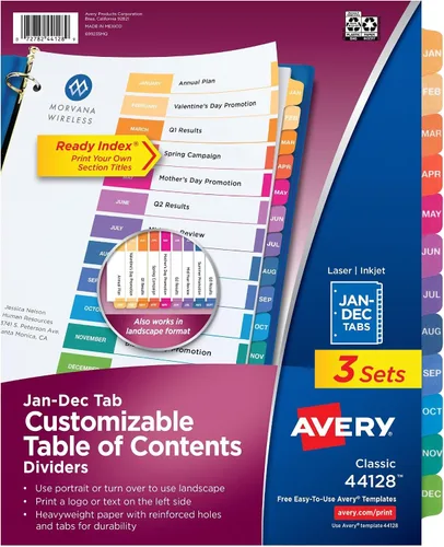 Vista 12 de Avery Divisores de enero a diciembre para carpetas de 3 anillos, 12 pestañas por juego, tabla de contenido personalizable, pestañas multicolor
