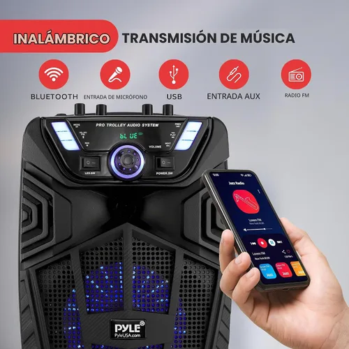 Vista 3 de Pyle Altavoz PA Bluetooth portátil de 480 W, altavoz de karaoke recargable de 8 pulgadas, sistema de audio con micrófono inalámbrico y ruedas, TWS