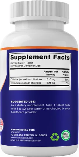 Vista 7 de Vitamatic Cloruro de sodio 1000 mg - 365 tabletas -2 botellas de reabastecimiento de electrolitos y soporte de hidratación - Sin OMG, sin gluten