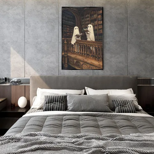 Vista 3 de Póster de dos lindos fantasmas en una biblioteca, arte de pared gótico espeluznante, decoración de Halloween, divertido estampado de fantasma