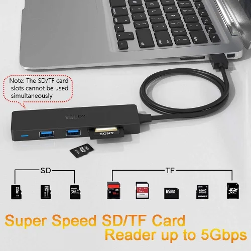 Vista 5 de TSUPY Hub 3.0 Splitter, TSUPY USB 3.0 Hub Multi USB adaptador expansor de puerto con cable de 4 pies, lector de tarjetas SD/TF y 3 puertos USB 3.0