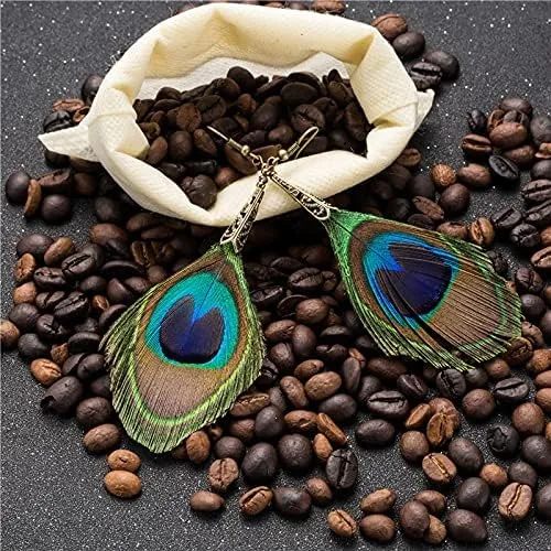 Vista 4 de DQH - Pendientes de gota para mujer, grandes, largos, naturales, de plumas de pavo real, bohemio, étnico, a la moda, colgantes, para boda, fiesta