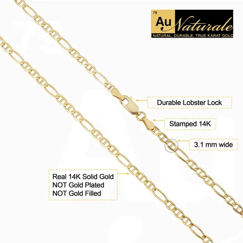 Vista 2 de Au Naturale Collar de cadena de eslabones Ficonucci de oro amarillo macizo de 14 quilates de 0.122 in para hombres y mujeres (18, 20 o 24 pulgadas)