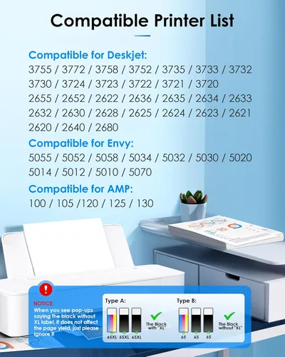 Vista 2 de TECKKIN 65XL - Paquete combinado de cartuchos de tinta negro/color (paquete de 3) de repuesto para tinta 65 65XL para impresora DeskJet 3755 3772