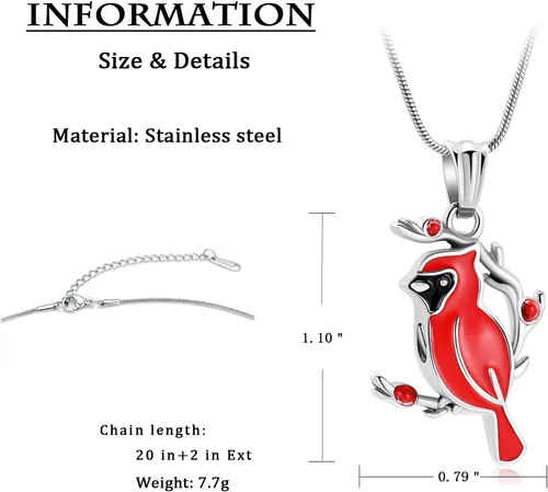 Vista 3 de constantlife Collar de urna cardenal para cenizas, de acero inoxidable, colgante de pájaro rojo y azul, recuerdo de cremación, joyería conmemorativa