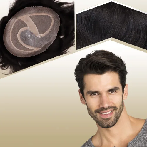Vista 18 de Toupee para hombres sistemas de reemplazo de cabello humano real europeo para hombres, postizos finos, centro de encaje, piel más gruesa, pieza