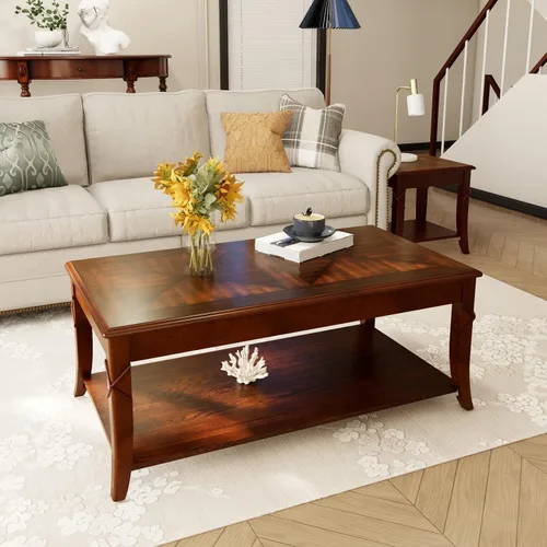 Vista 11 de Mesa auxiliar de madera maciza con estante de almacenamiento, mesa auxiliar rectangular vintage para sofá con mesa de empalme y patas talladas, mesa