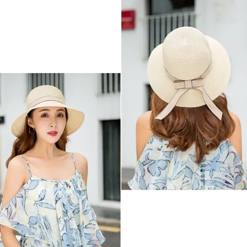 Vista 5 de Sombrero de paja de verano con protección UV, ala ancha, transpirable, visera de playa, sombreros para mujer Beige