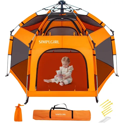 Vista 10 de Corralito para bebés de alta calidad para puerta y exterior, portátil, ligero, paquete desplegable y patio de juegos con toldo y bolsa de viaje, Gris