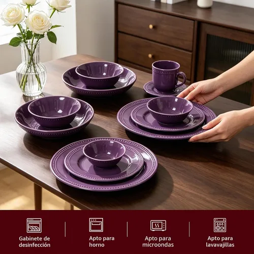 Vista 3 de HomeVss, Pearl Dots - Juego de vajilla de cerámica de 42 piezas, color morado