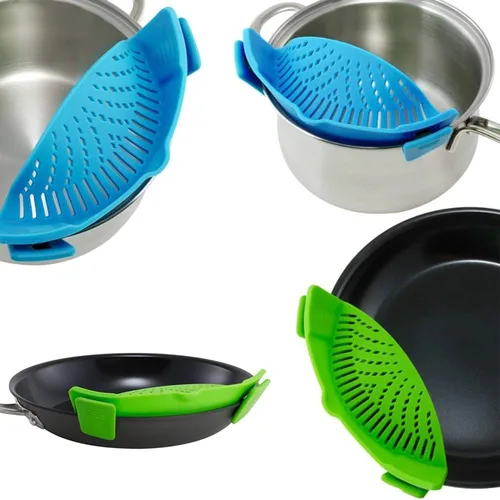 Vista 6 de DaKuan - Colador a presión, 2 paquetes de colador de manos libres con clip, resistente al calor, boquilla para pasta, fideos vegetales, olla y sartén