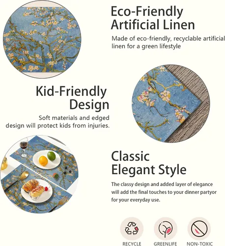 Vista 3 de Juego de 6 manteles individuales con diseño de almendros en flor, resistentes al calor, lavables, antideslizantes, para decoración de fiestas