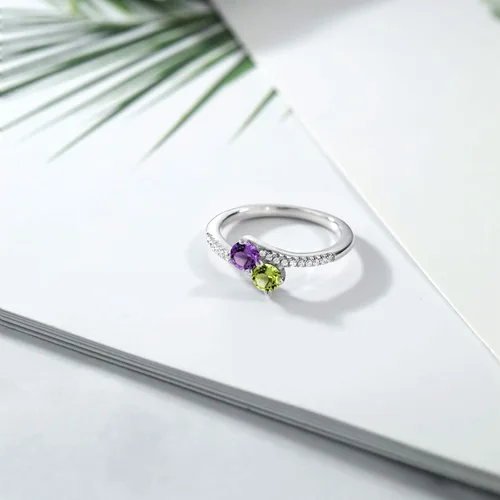 Vista 4 de Gem Stone King Anillo de derivación de dos piedras para mujer en plata de ley 925 Piedra natal redonda de 0.157 pulgadas y amatista púrpura Anillo