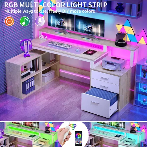 Vista 3 de DWVO Escritorio en forma de L con cajones, escritorio para computadora de 65 pulgadas con tomas de corriente y luces LED, escritorio de esquina