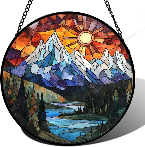 Vista 19 de Colgador de vidrieras para colgar, atardecer montañas, lago, árbol, atrapasoles para ventana, decoración del hogar, paisaje, día de la madre