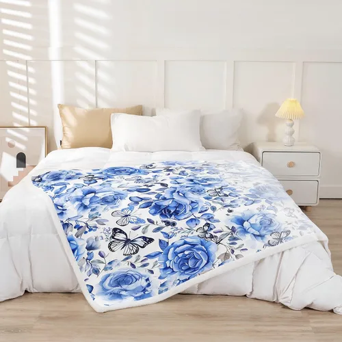 Vista 2 de Homewish Manta de cama con estampado de flores, manta de porcelana azul y blanca para niños y niños, manta sherpa de poliéster ligera con estampado