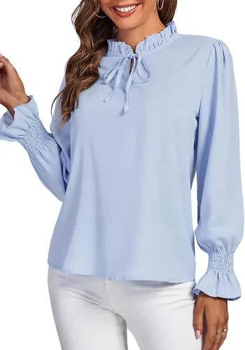 Vista 2 de Rooscier Blusa elegante de manga larga con volantes y cuello alto falso para mujer