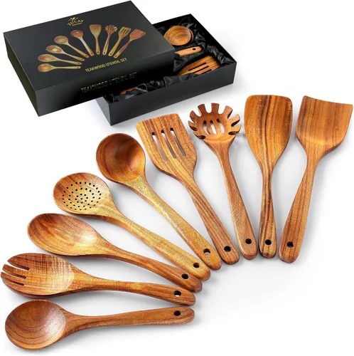 Vista 12 de Zulay Kitchen Juego de 5 cucharas de madera extragrandes - Utensilios de cocina de teca lisa - Cucharón, espátula, espumadera, tenedor, cuchara