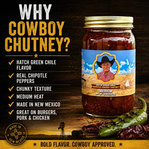 Vista 3 de Kent Rollins Cowboy Chutney – Dulce & Picante Chile verde y Chipotle Topping – Perfecto para hamburguesas, queso crema, tacos y parrilla – 18 onzas