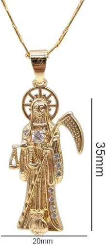Vista 2 de Collar con colgante de la Santa Muerte chapado en oro de 14 quilates, eslabones cubanos de 22 pulgadas de largo, 1.378 x 0.787 in oro laminado