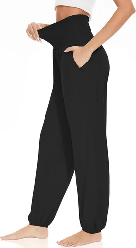 Vista 2 de UEU Pantalones tipo harén de baile de cintura alta con volantes fruncidos para mujer, con bolsillos, suaves, cómodos, pantalones de yoga, pijamas