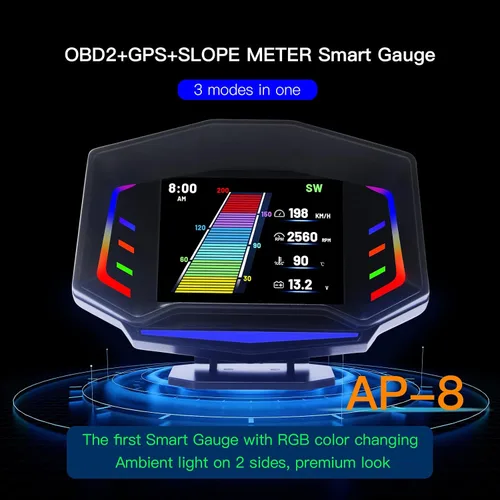 Vista 3 de AP-8 - Pantalla frontal para coche, sistema dual universal OBD2, modo GPS, medidor de pendiente HUD, medidor inteligente multifunción con luz