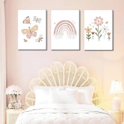 Vista 3 de Lienzo bohemio rosa para cuarto de bebé, arte de pared para habitación de niños, decoración de pared, diseño de flores de mariposa para niños