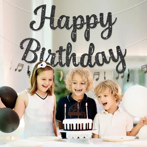 Vista 2 de Letrero de Pancarta de Feliz Cumpleaños Negro con Purpurina, Guirnalda de Cumpleaños Pancartas de Pared y Puerta Bandera para Mujeres Hombres Niños