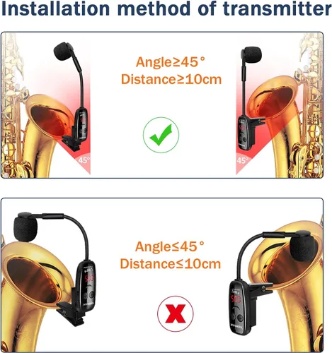 Vista 6 de Micrófono inalámbrico para saxofón, micrófonos UHF para saxofón, micrófono con clip de carga y pantalla digital, para trompeta, tuba, trombón