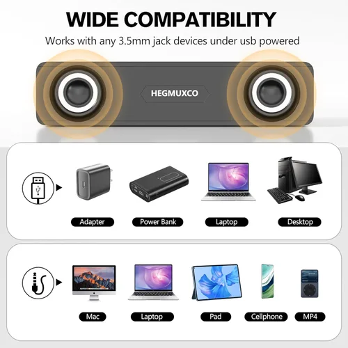 Vista 7 de [Usado] Altavoz estéreo con cable de 10 W, altavoces compactos para PC de escritorio, alimentación USB, entrada de audio de 0.138 in, barra