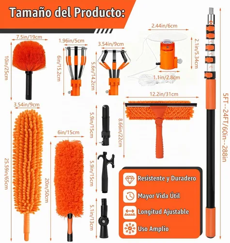 Vista 3 de Plumeros de telaraña de techos altos de 30 pies para kit de limpieza con Naranja