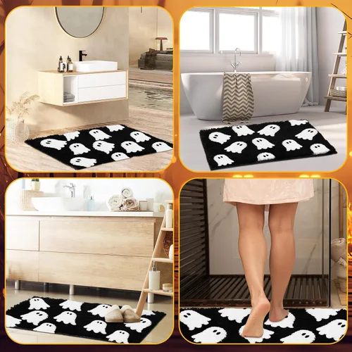 Vista 6 de Tapete de baño de fantasma negro, tapete de baño suave de Halloween, antideslizante, lindo fantasma espeluznante, decoración de baño, alfombra