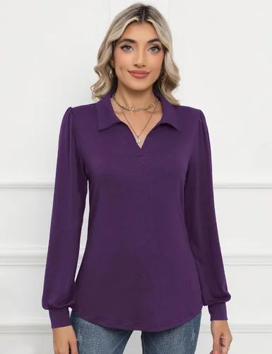 Vista 2 de LOMON Camisas tipo polo de manga larga con cuello en V y manga abombada para mujer