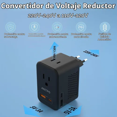 Vista 2 de ANTPO - Convertidor de voltaje de 220 V a 110 V de EE. UU. a Europa con 2 puertos USB, 2 USB C PD 20 W, 2 salidas de CA convertidor de viaje