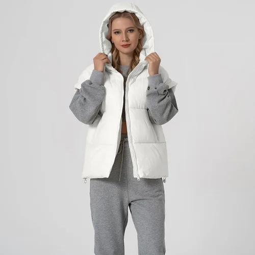 Vista 44 de Shiyifa Chaleco acolchado para mujer, chaqueta de gran tamaño, sin mangas, ligera, con cremallera, con capucha desmontable