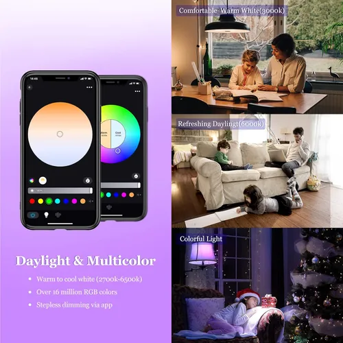 Vista 2 de Bombilla inteligente, WiFi y Bluetooth 5.0, A19 E26 800LM bombilla que cambia de color, blanco cálido a frío, luces LED regulables, control