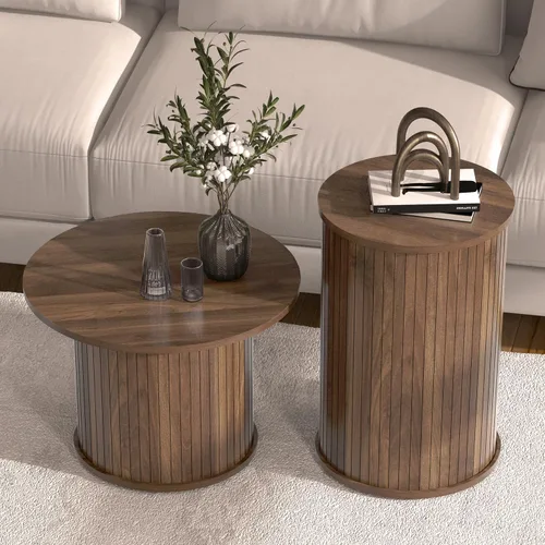 Vista 3 de Juego de 2 mesas auxiliares redondas anidables para sala de estar, círculo acanalado de madera de nogal y juegos de mesa auxiliar para apartamentos