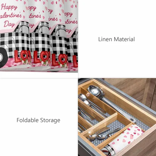 Vista 4 de Juego de 4 manteles individuales para el día de San Valentín para mesa de comedor, camión con globos y rosas románticos de arpillera de corazón rosa
