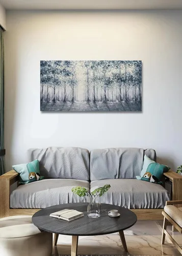 Vista 6 de V-inspire arte, 24x48 pulgadas moderno impresionista árbol arte 100% pintado a mano lienzo arte de la pared pintura al óleo grande azul gris