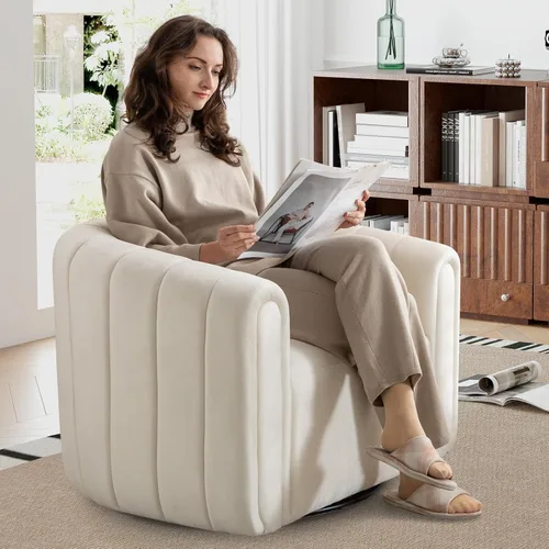 Vista 3 de ANJ Silla giratoria decorativa, silla de barril de terciopelo para sala de estar, cómodo sillón moderno, completamente montado (beige)