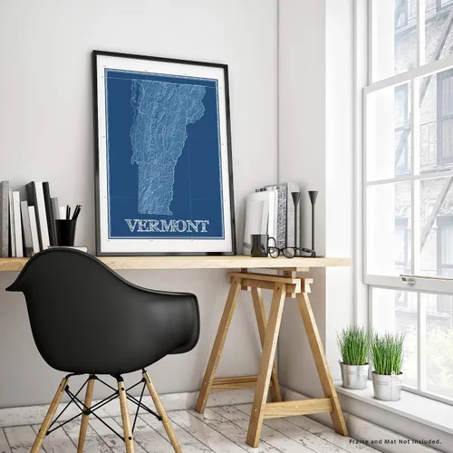 Vista 5 de Vermont Map Print, Blueprint Wall Art Poster, VT Decor, US State Maps